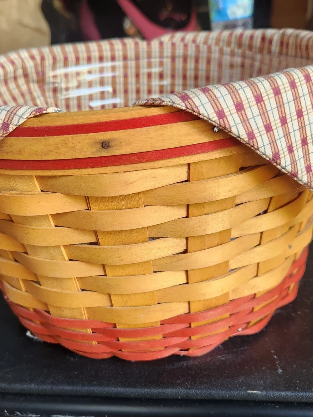 Longaberger Yellow and Red Woven Picnic Basket with Lined Top